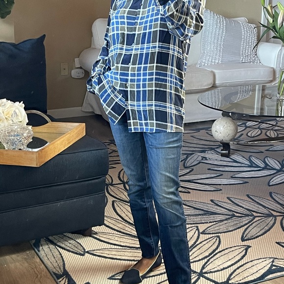 Joie Large Karianna Plaid 100% Silk Top Button Down Blouse Blue. Size X-Small - Picture 1 of 13